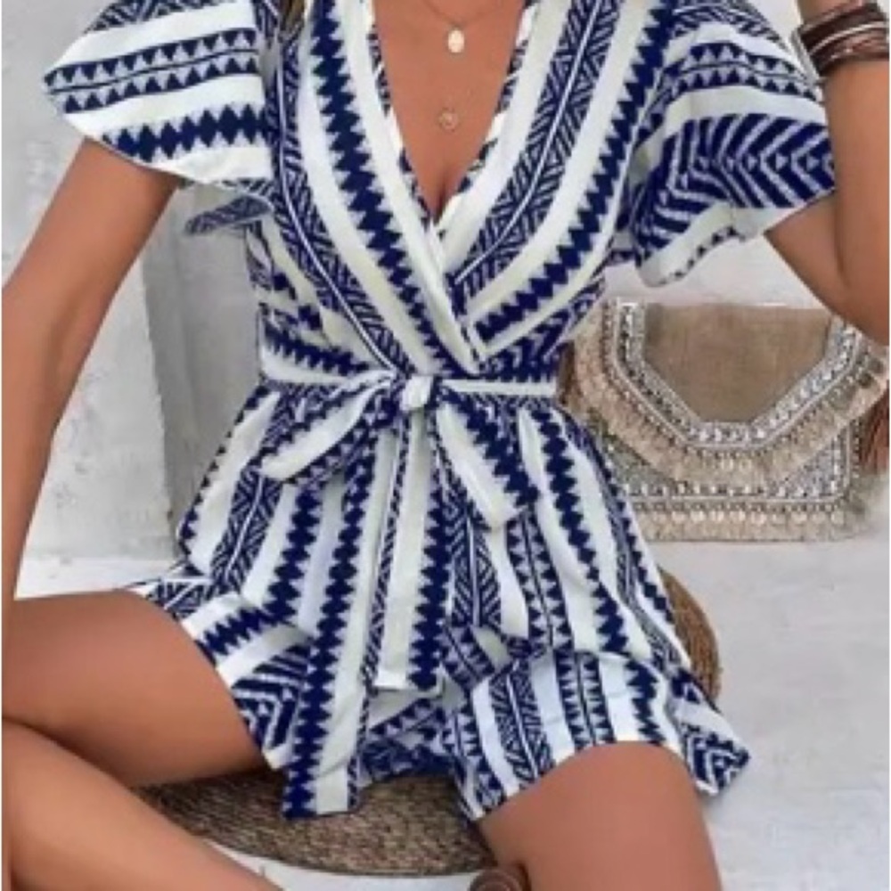 Blue and White silky Shorts Romper